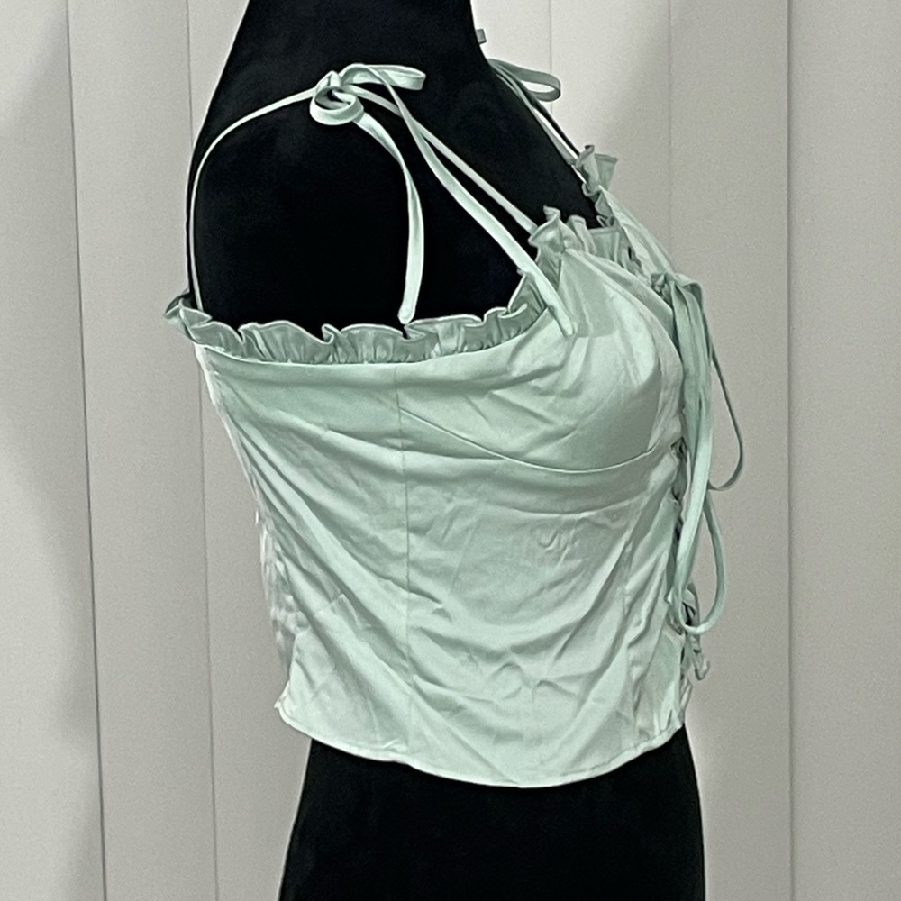 CURRENT MOOD Anything Could Happen Lace Up Ruffle Bustier Tank Top Mint Green M - Picture 4 of 11